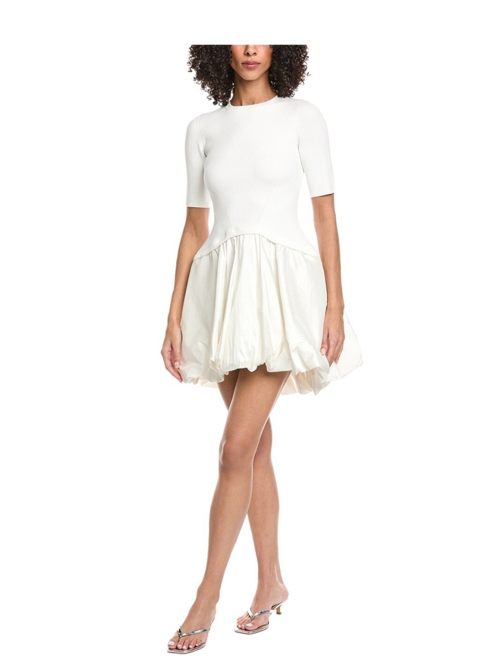 Women’s White Short-Sleeve Bubble-Hem Mini Dress
